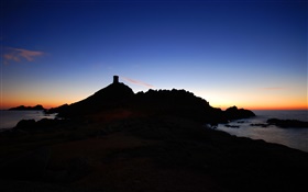 Sunset evening, rocks, sky, sea, silhouette HD wallpaper