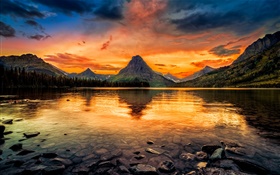 Two Medicine Lake, Glacier National Park, USA, mountains, sunset, red sky HD wallpaper
