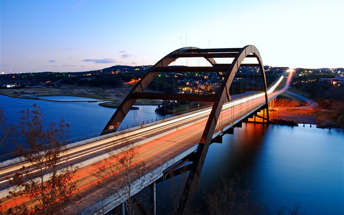 USA, Texas, Austin, bridge, river, city, dusk Wallpapers Pictures Photos Images