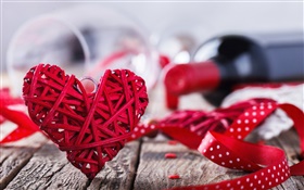 Valentine's Day, red love heart, wine, romantic HD wallpaper