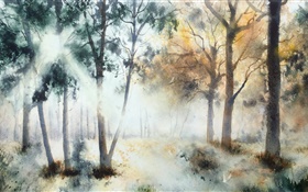 Watercolor painting, trees HD wallpaper