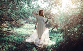 White dress girl in the forest, sun, glare HD wallpaper