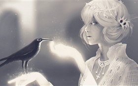 White style fantasy girl and raven HD wallpaper