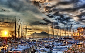 Yachts, boats, pier, clouds, sunset, Italy, Naples HD wallpaper
