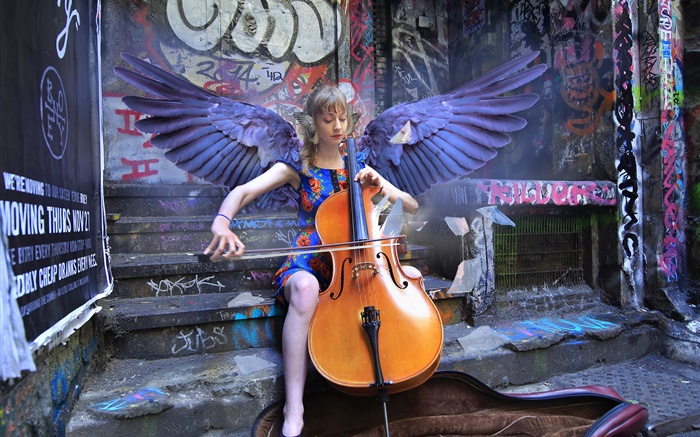 Angel girl play cello, wings Wallpapers Pictures Photos Images