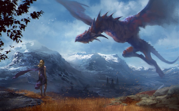 Art painting, fantasy girl and dragon, wings Wallpapers Pictures Photos Images