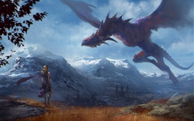 Art painting, fantasy girl and dragon, wings HD wallpaper