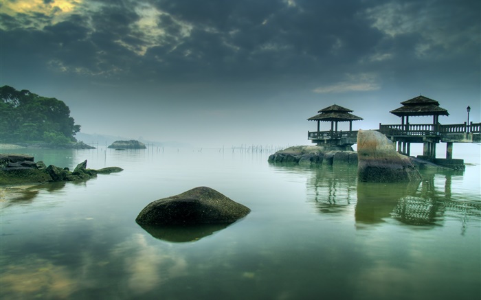 Bay at dusk, pier, rocks, water Wallpapers Pictures Photos Images