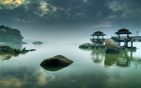 Bay at dusk, pier, rocks, water HD wallpaper