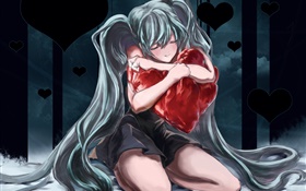 Blue hair anime girl hugging heart-shaped pillow
