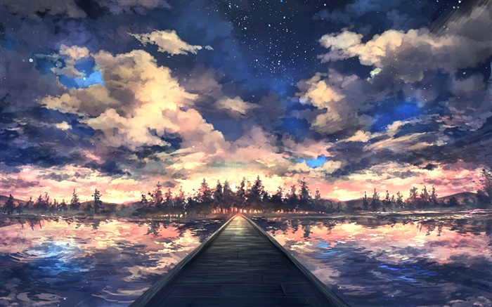 Bridge, river, trees, sky, clouds, sunset, art drawing Wallpapers Pictures Photos Images