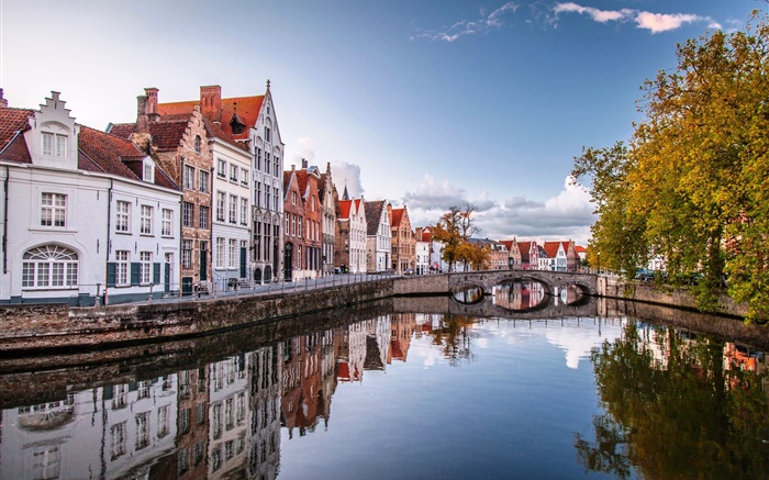 Brugge, Belgium, city, houses, bridge, river, trees Wallpapers Pictures Photos Images