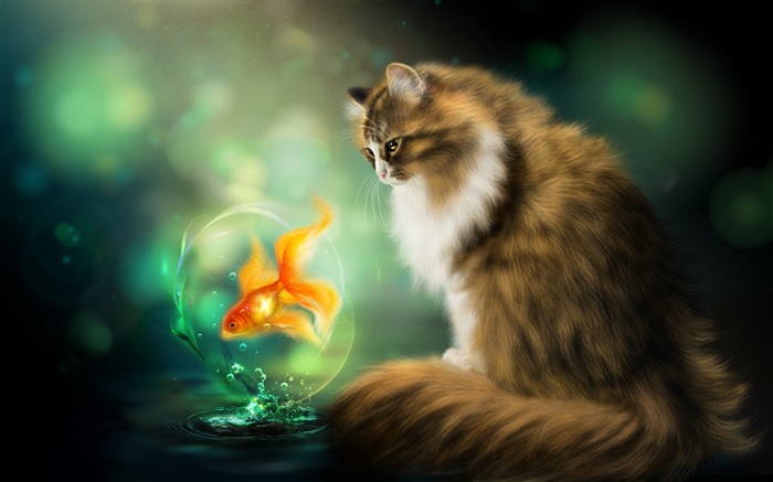 Cat and goldfish, art drawing Wallpapers Pictures Photos Images