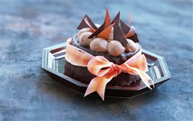 Chocolate dessert, cake, ice cream, ribbon HD wallpaper