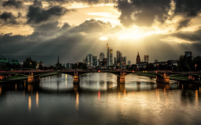 City, dusk, bridge, skyscrapers, river, clouds Wallpapers Pictures Photos Images