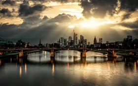 City, dusk, bridge, skyscrapers, river, clouds HD wallpaper