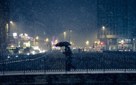 City night, lights, winter, snow, bridge, people, umbrella HD wallpaper