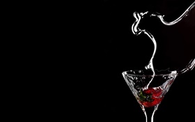 Cup, strawberry, water splash, black background HD wallpaper