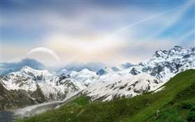 Dreamy World, mountains, snow, river, planet HD wallpaper