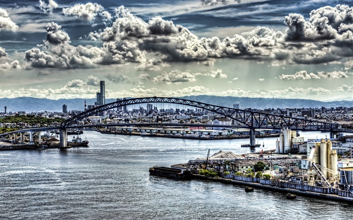 Japan city views, clouds, houses, sea, bridge Wallpapers Pictures Photos Images