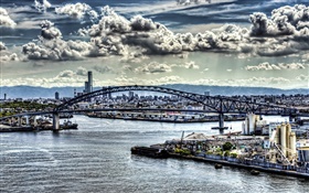 Japan city views, clouds, houses, sea, bridge HD wallpaper
