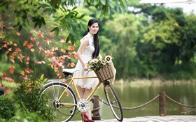 Smile Asian girl, white dress, bike, park HD wallpaper