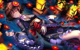 Sword Souls, kimono anime girl, flowers, night HD wallpaper