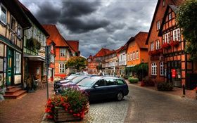 Town, cars, houses, flowers, clouds, dusk HD wallpaper