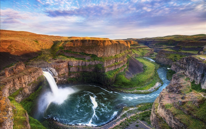 Beautiful nature, mountains, waterfall, canyon, river, clouds Wallpapers Pictures Photos Images