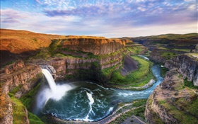 Beautiful nature, mountains, waterfall, canyon, river, clouds HD wallpaper