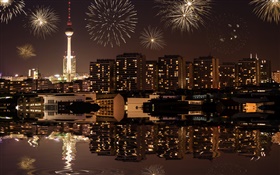 Cityscape, night, buildings, lights, river, Berlin, Germany