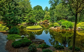 Gibbs Gardens, USA, pond, trees, grass HD wallpaper