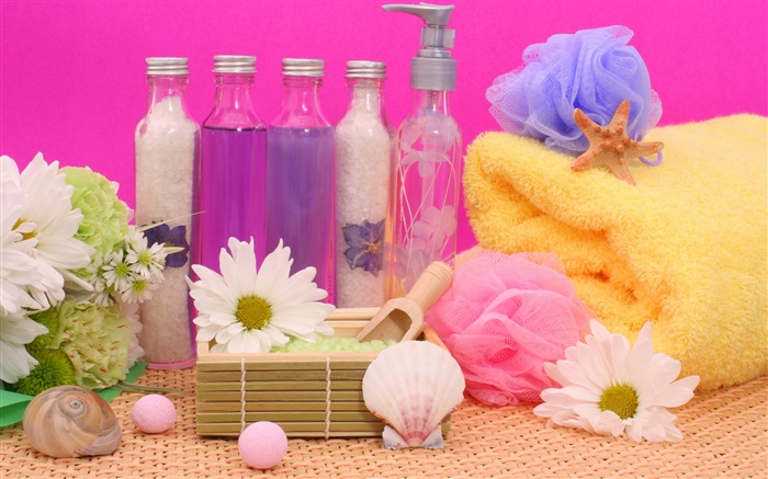 SPA, flowers, salt, towel, bottle Wallpapers Pictures Photos Images