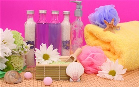 SPA, flowers, salt, towel, bottle HD wallpaper