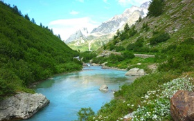 Summer, freedom, mountains, forest, river, clouds HD wallpaper