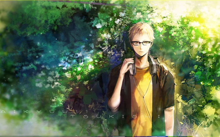 Anime boy listen music, nature, trees Wallpapers Pictures Photos Images