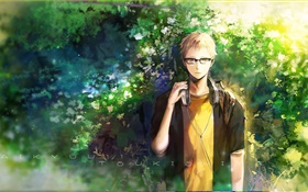 Anime boy listen music, nature, trees HD wallpaper