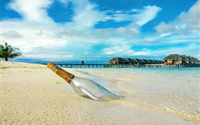 Beach, bottle, pier, house HD wallpaper