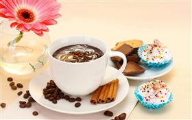 Coffee drink and cakes, pink flower HD wallpaper