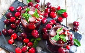 Fresh red cherries, drink, lemonade, mint HD wallpaper