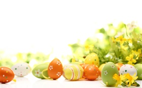 Happy Easter, eggs, flowers, spring HD wallpaper