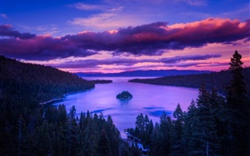 Nature, dawn, lake, mountains, island, trees, clouds HD wallpaper