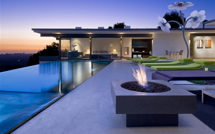 Resort, pool, bedroom, sunbeds, fire Wallpapers Pictures Photos Images