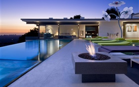 Resort, pool, bedroom, sunbeds, fire HD wallpaper