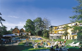 Resort, pool, chairs, houses, trees, people HD wallpaper