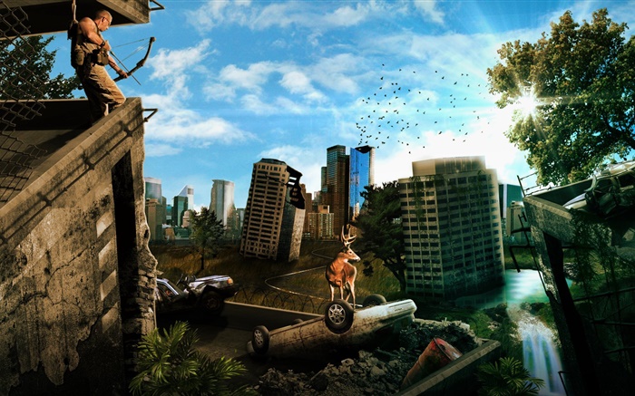 Urban ruins, city, buildings, deer, car, creative design Wallpapers Pictures Photos Images