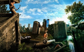 Urban ruins, city, buildings, deer, car, creative design HD wallpaper