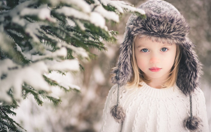 Winter child girl, snow, hat, sweater, trees Wallpapers Pictures Photos Images
