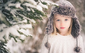 Winter child girl, snow, hat, sweater, trees HD wallpaper