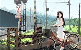 Anime girl, railway, bike, power lines